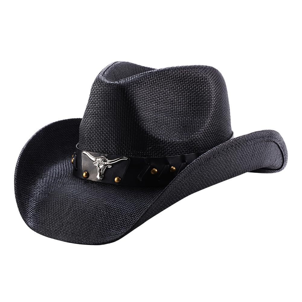 1605 and Western Bullhead Cattleman Crown Straw Cowboy Cowgirl Hat, Black